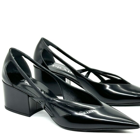 PRADA Runway Pointed Toe Cutout Cut Out Block Heel Brushed Leather Pumps - Picture 9 of 16